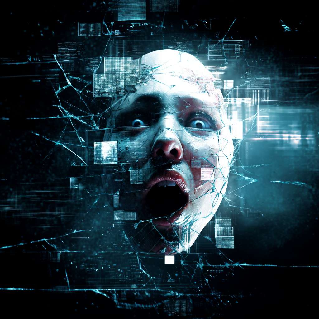 A pale face cracks open mid-scream as digital fragments break away from it into blue light.