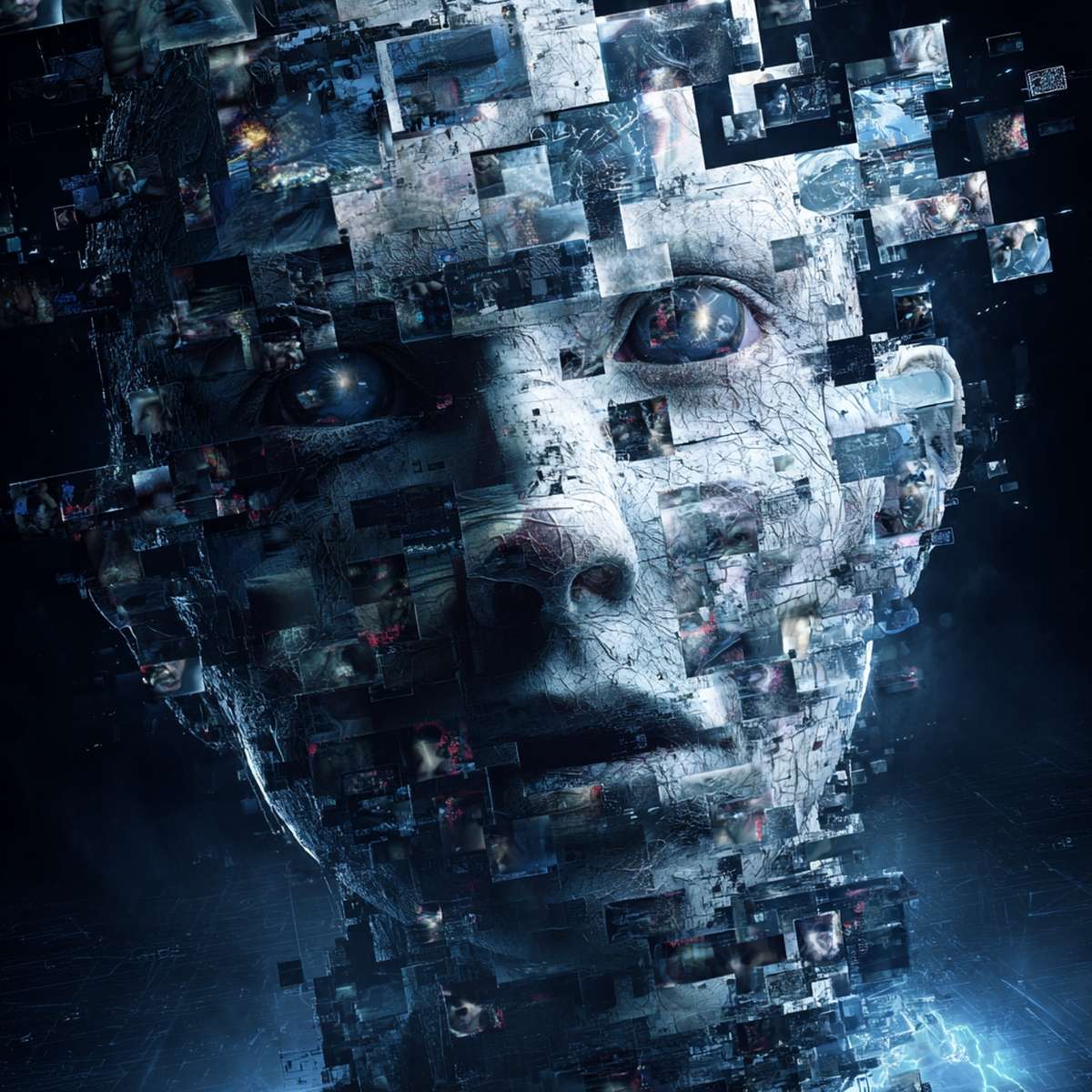 A face assembled from hundreds of small photographs, each tile a different image, its edges crumbling into loose fragments.